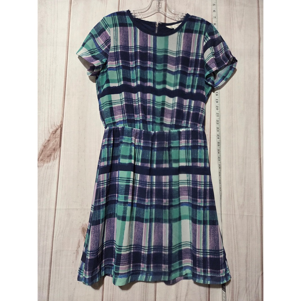 Ladies Small Plaid Dress Short Sleeve Chiffon Casual  Blue Green‎ Purple A-Line